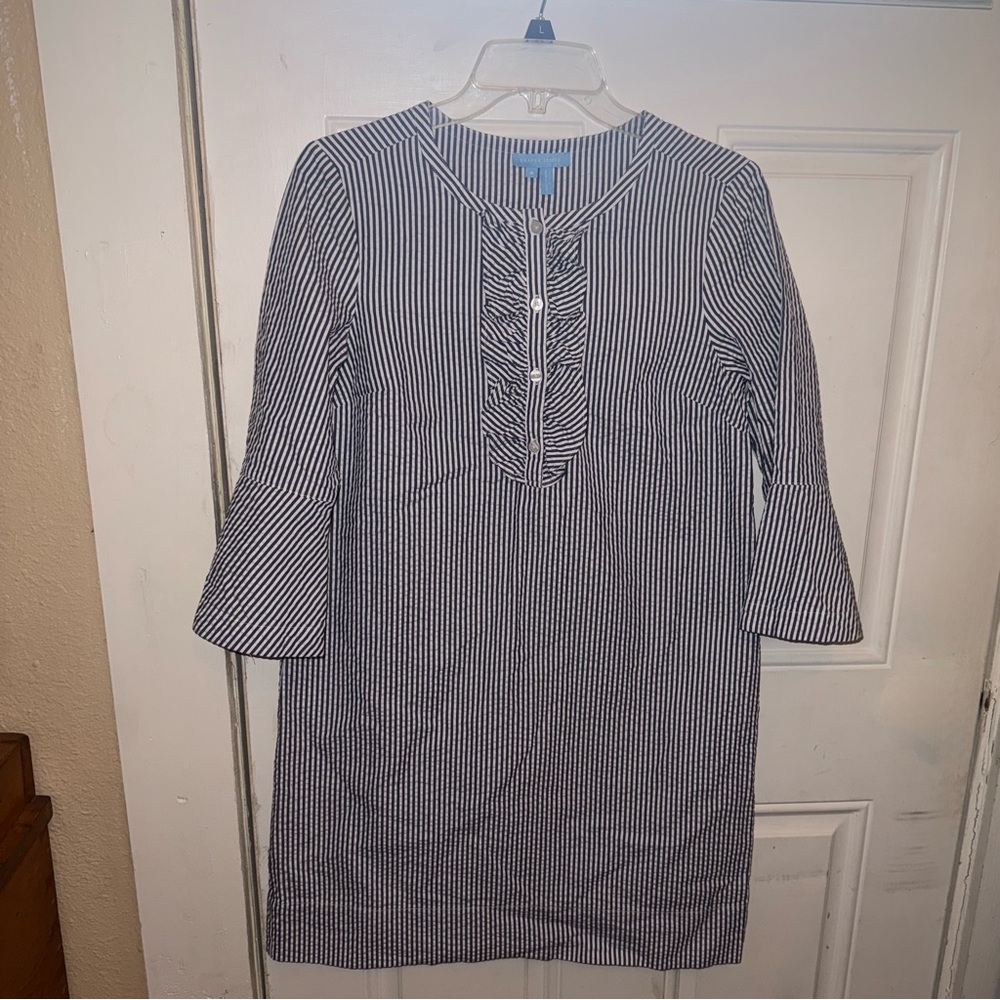 Draper James Navy and White Striped Seersucker Button-Up Ruffle Shirt Dress